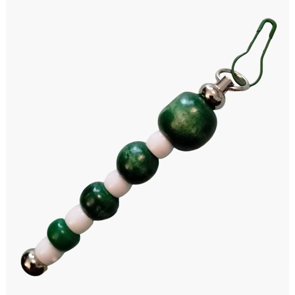 Beaded Bag Charm Zipper Pull Key Fob Green White Wooden Beads Metal Clip